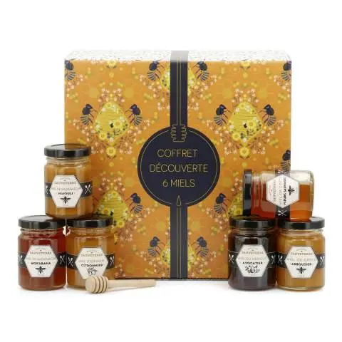[69397] Assortiment de 6 miels du monde et 1 cuillère à miel